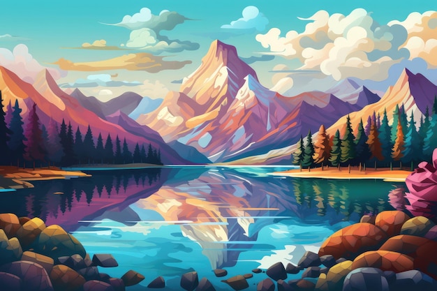 Paysage avec de grandes montagnes en forme et un grand lac propre bleu fond d'écran coloré