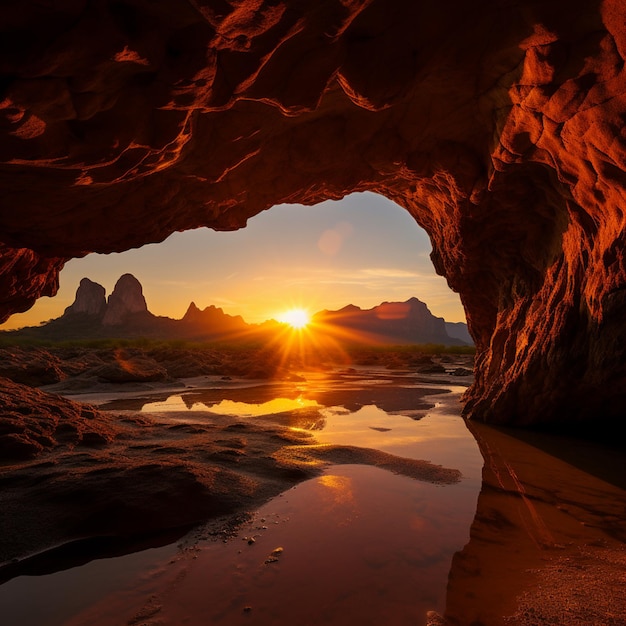 Paysage de grotte complexe de sérénité au coucher du soleil