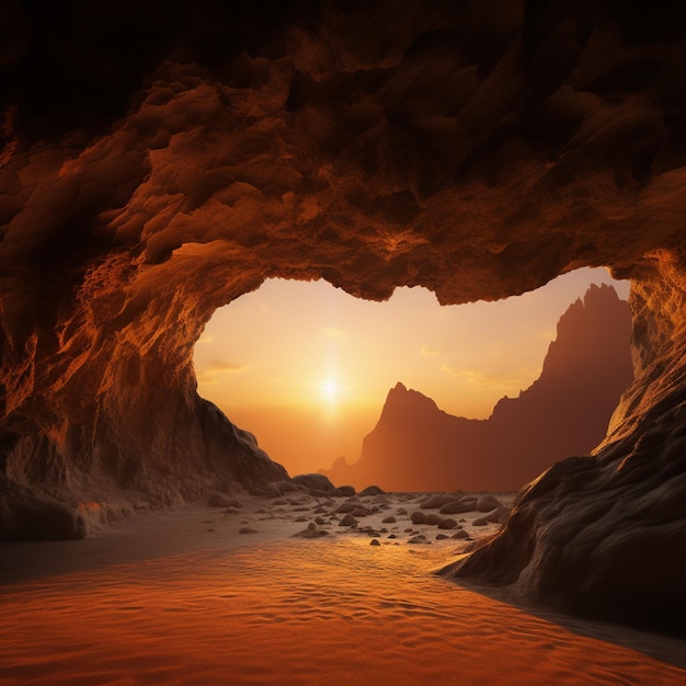 Paysage de grotte complexe de sérénité au coucher du soleil