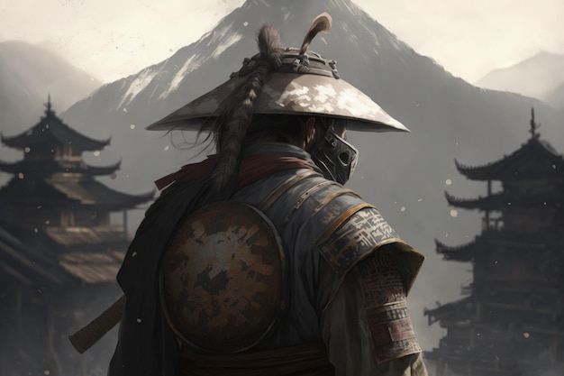 Paysage avec guerrier samouraï des montagnes arrière en arrière-plan Generative AI