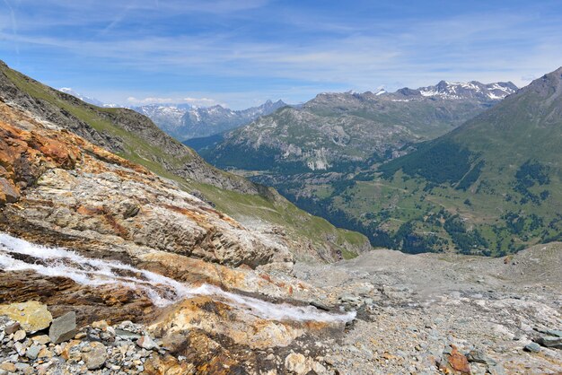 Paysage de haute montagne avec de l'eau qui coule sur le rocher