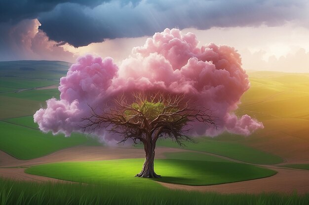 Photo paysage herbeux avec un arbre et un nuage de pluie