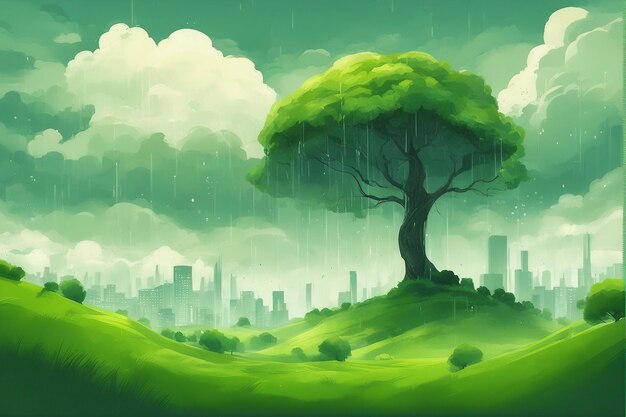 paysage herbeux de ville verte aquarelle avec un arbre