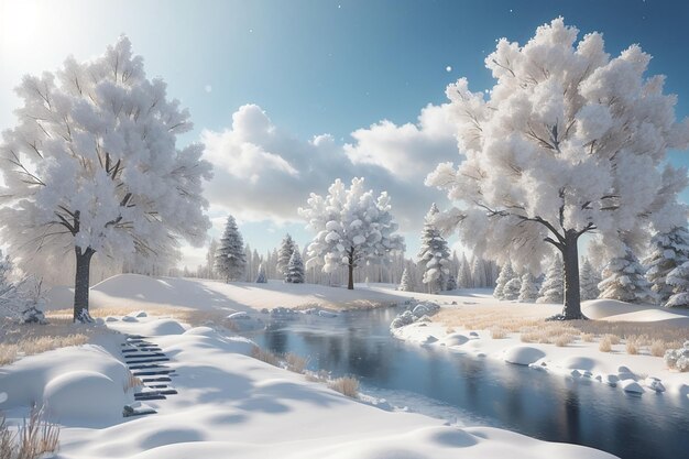 Paysage d'hiver 3d avec des arbres enneigés