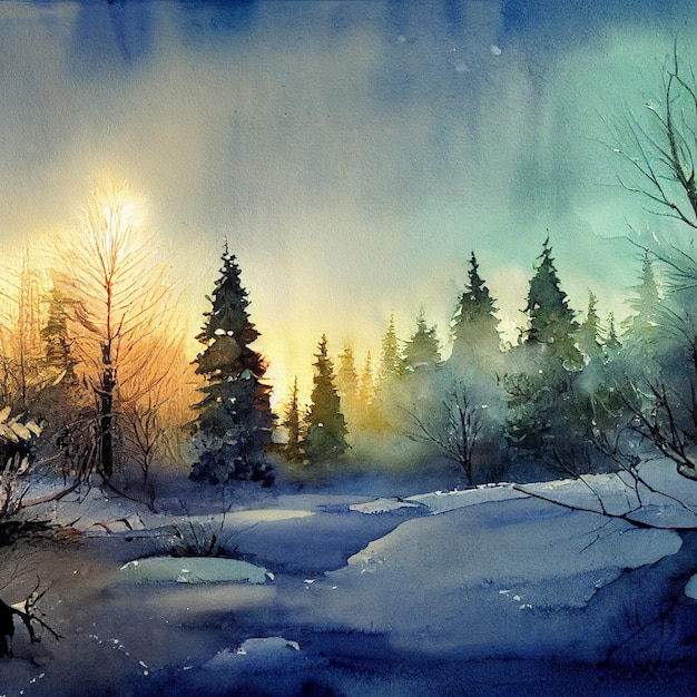 Paysage d'hiver aquarelle illustration froid nature enneigée fond noël vacances saison carte postale forêt colorée papier peint dessiné à la main