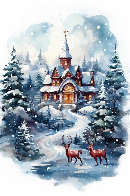 Paysage d'hiver aquarelle Illustration maisons de village de Noël avec forêt d'épicéas de neige