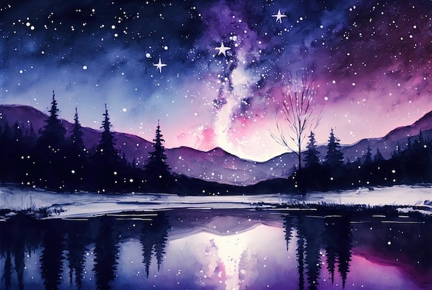 Paysage d'hiver aquarelle peinture forêt et montagnes par une nuit étoilée