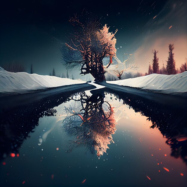 Paysage d'hiver avec un arbre et reflet dans l'eau rendu 3d
