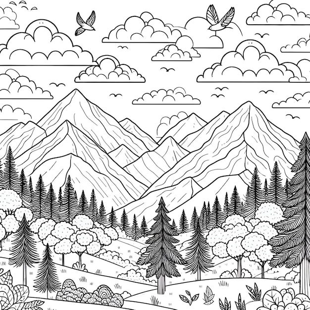 Photo paysage d'hiver avec des arbres à colorier page d'art de ligne illustration contour croquis silhouette