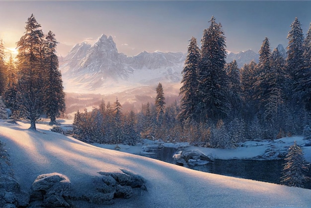 paysage d'hiver avec des arbres couverts de neige art numérique