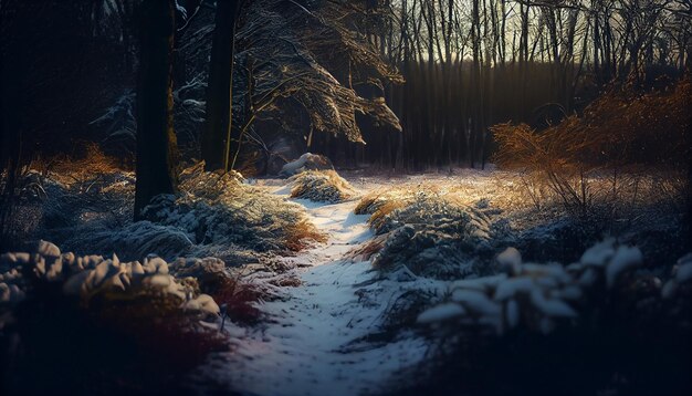 Paysage d'hiver avec des arbres couverts de neige et un chemin dans la forêt au coucher du soleil générative ai