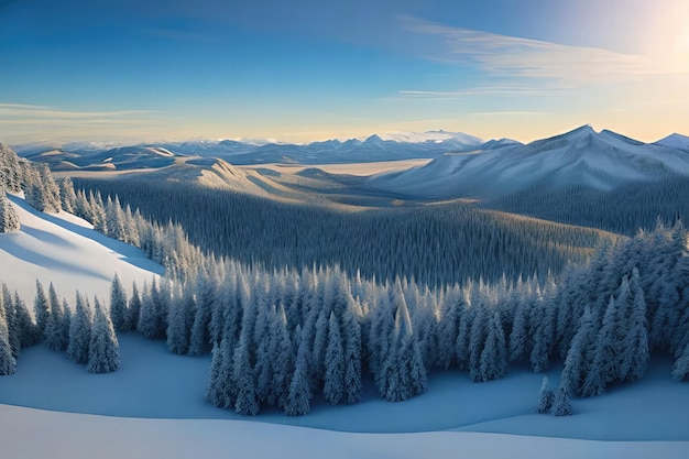 Un paysage d'hiver avec des arbres couverts de neige et des montagnes en arrière-plan.