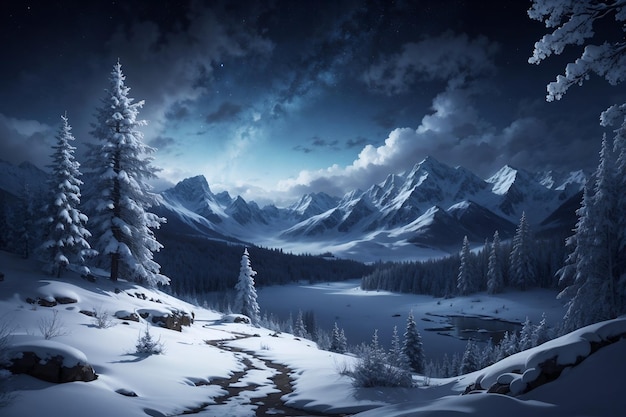 paysage d'hiver avec des arbres enneigés et un lac