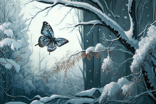 Paysage d'hiver avec arbres enneigés et papillon flottant parmi les branches