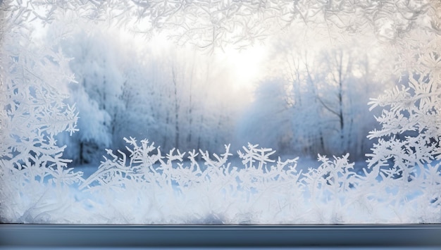 Paysage d'hiver avec des arbres givrés et des flocons de neige sur le rebord de la fenêtre