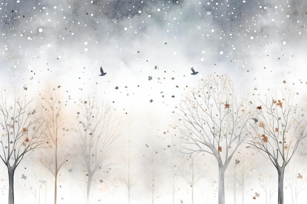 Paysage d'hiver avec des arbres et des oiseaux Peinture à l'aquarelle