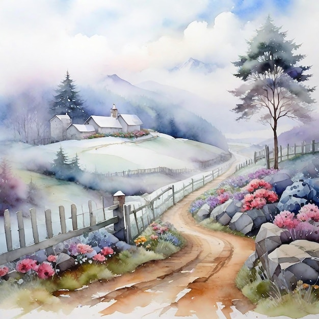 Paysage d'hiver Arrière-plan et aquarelle Village d'hiver