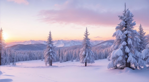 Paysage d'hiver au coucher du soleil couvert de pins enneigés dans les montagnes par Generative AI