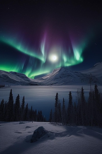 Un paysage d'hiver avec les aurores boréales au-dessus.