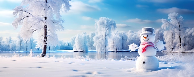 Paysage d'hiver avec bonhomme de neige généré par l'IA