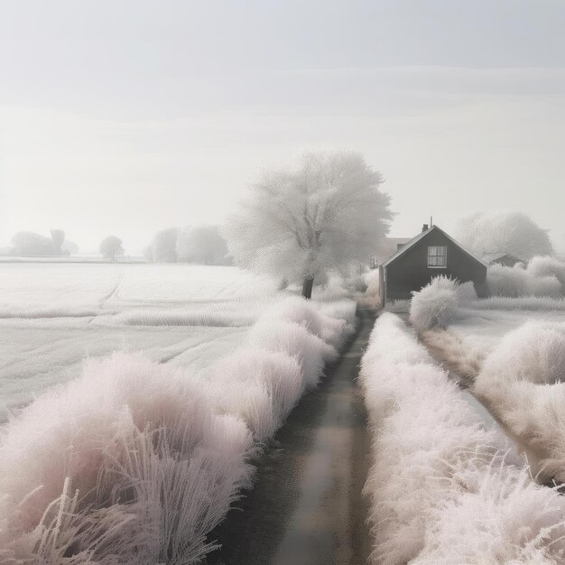 Photo paysage d'hiver brumeux avec une route et une maison en arrière-plan