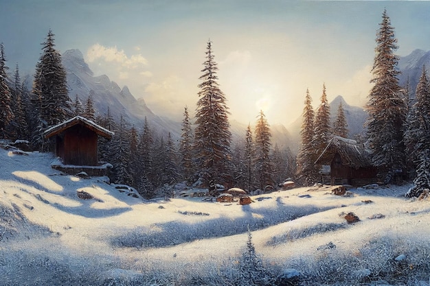 Paysage d'hiver de cabane en bois avec de la neige en hiver