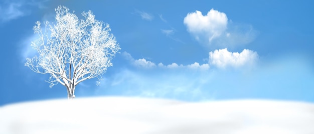 paysage d'hiver ciel bleu arbres couverts de neige, nuages blancs en symbole de coeur, flocons de neige