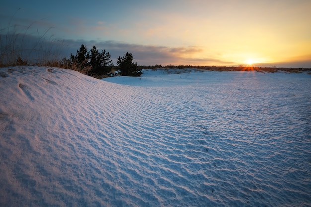 Paysage d'hiver avec ciel coucher de soleil. Composition de la nature.