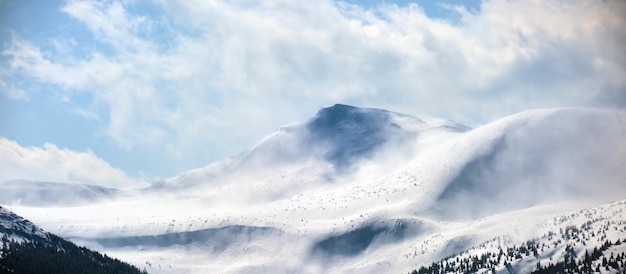 Paysage d'hiver avec des collines de haute montagne couvertes de forêts de pins à feuilles persistantes après de fortes chutes de neige par une froide journée d'hiver