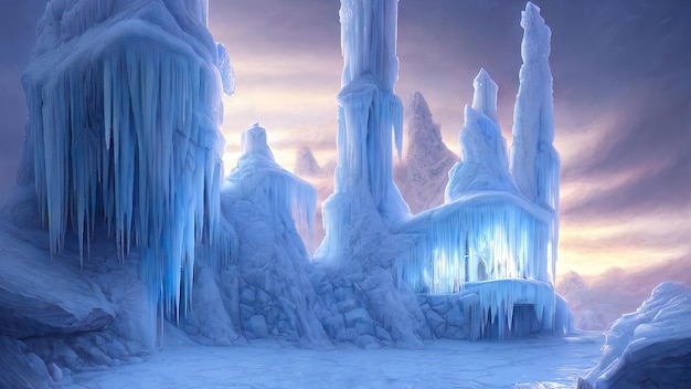 Paysage d'hiver avec coucher de soleil au néon Gros blocs d'arbres gelés de glace Paysage enneigé d'hiver fantastique Illustration 3D de la nature gelée