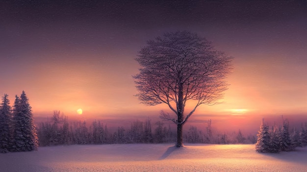 Paysage d'hiver avec coucher de soleil au néon Vallée plate enneigée Paysage d'hiver coloré Coucher de soleil d'hiver givré Illustration 3D