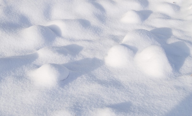 Paysage d'hiver dans un champ avec de la neige et des congères sur une journée ensoleillée. Le champ est tout couvert de hautes galeries de neige