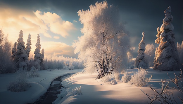 Paysage d'hiver dans une pinède AI générative