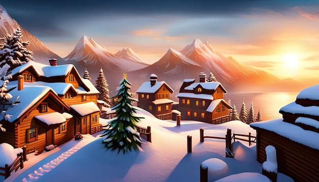 Paysage d'hiver de dessin animé de chalet couvert de neige et d'arbre de Noël