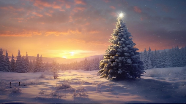 Un paysage d'hiver enneigé avec des sapins et un coucher de soleil