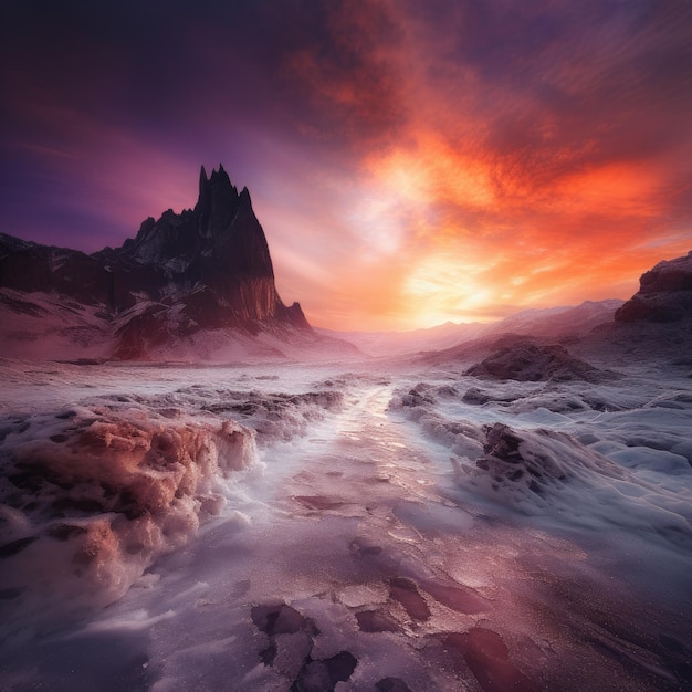 Paysage d'hiver fantastique avec arbre et rivière au coucher du soleil AI généré