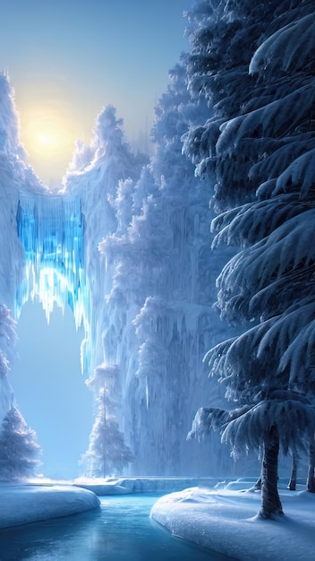 Paysage d'hiver fantastique arbres de rivière gelés dans la neige Beau fond d'hiver Conte de fées magique néon paysage forêt d'hiver portail magie 3Dillustration