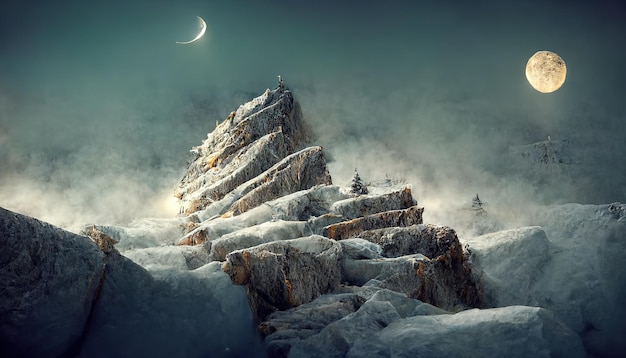 Paysage d'hiver fantastique avec crête de montagne et nuages de brume