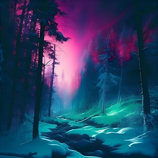 Un paysage d'hiver fantastique avec une forêt couverte de neige et une rivière gelée