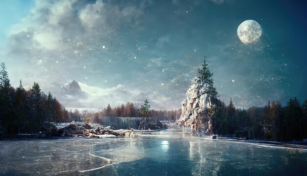 Paysage d'hiver avec forêt et montagnes la nuit Conifères du lac gelé sous le ciel nocturne avec la lune