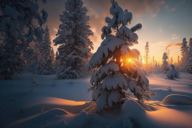Paysage d'hiver avec forêt de pins Illustration Generative AI
