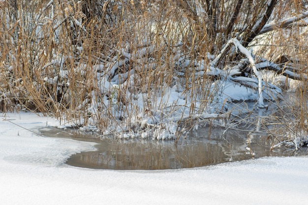 Paysage d'hiver d'un lac de rivière pas complètement recouvert de glace au soleil Le dégel de la rivière calme de l'hiver du Nord