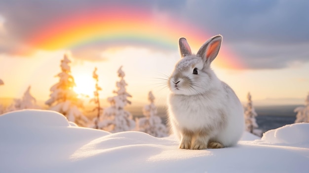 Photo paysage d'hiver avec un lièvre et un arc-en-ciel