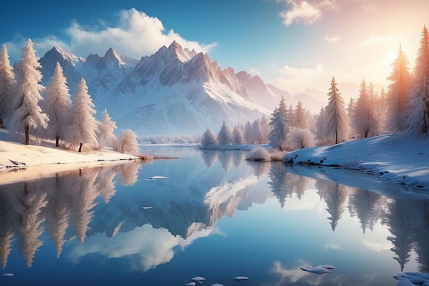 Paysage d'hiver avec un magnifique reflet dans l'eau