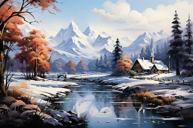 paysage d'hiver avec une maison au bord de la rivière dans la forêt en montagne