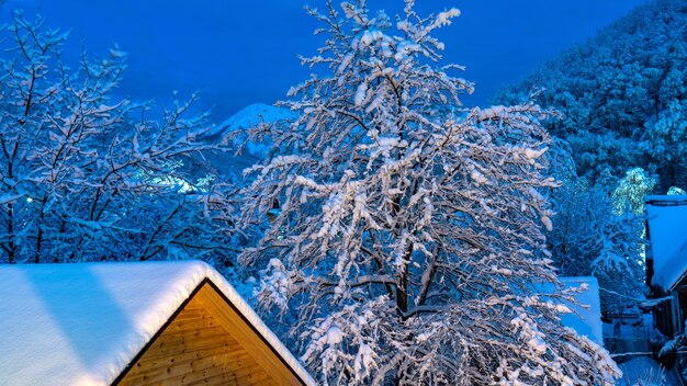 Paysage d'hiver avec maison en bois recouverte de neige, Sotchi, Krasnaya Polyana, Russie.