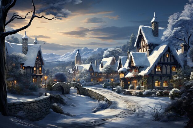 paysage d'hiver avec maisons et neige ai génératif