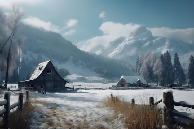 Paysage d'hiver avec des maisons de village dans les montagnes Réseau de neurones généré par l'IA