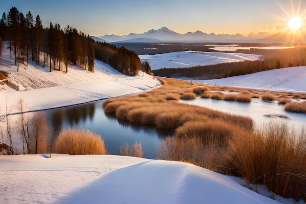 Un paysage d'hiver avec une montagne en arrière-plan