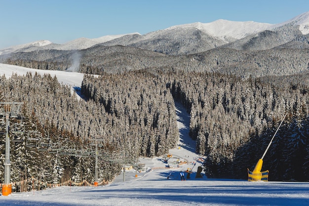 Paysage d'hiver de montagnes enneigées avec forêt d'hiver Paysage d'hiver